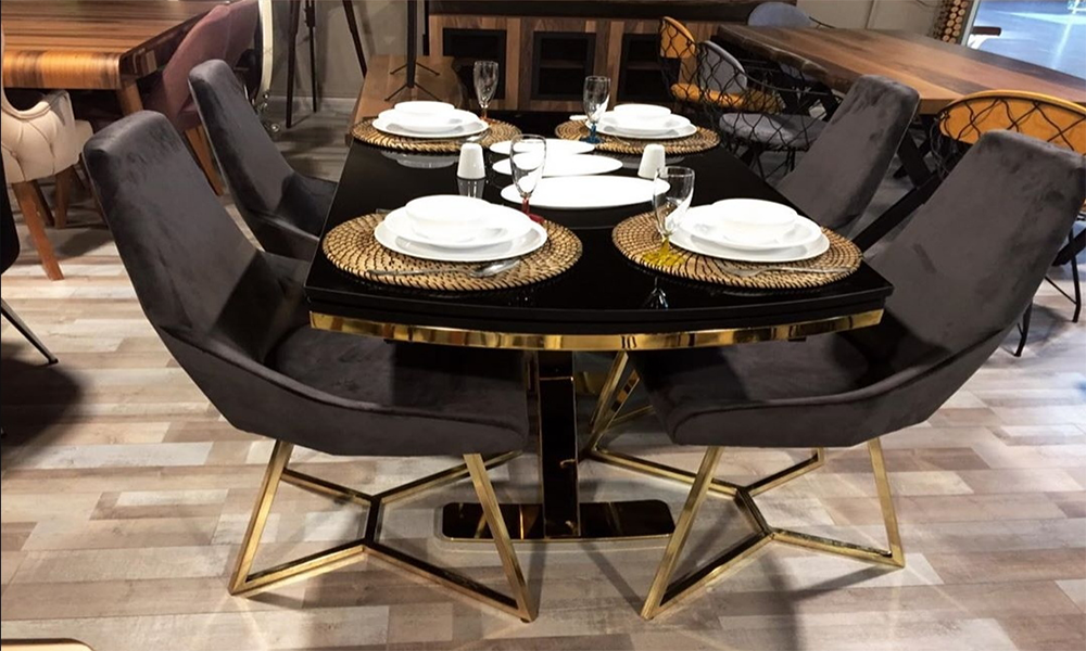 Piramit Gold Siyah Cam Mutfak Masa Sandalye Takımı