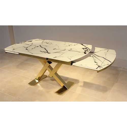 Beyaz Mermer Desenli Cam �stl� Gold Ayakl� Mutfak Masas�