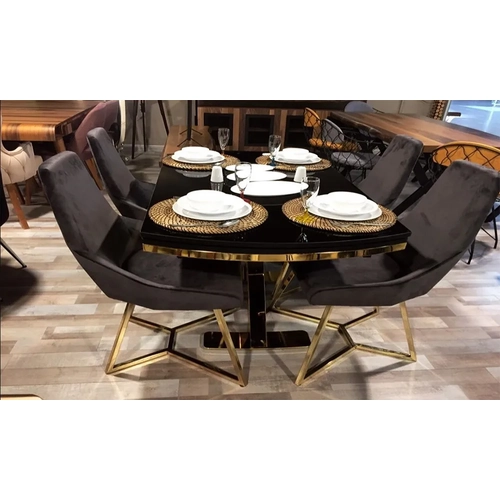 Piramit Gold Siyah Cam Mutfak Masa Sandalye Tak�m�