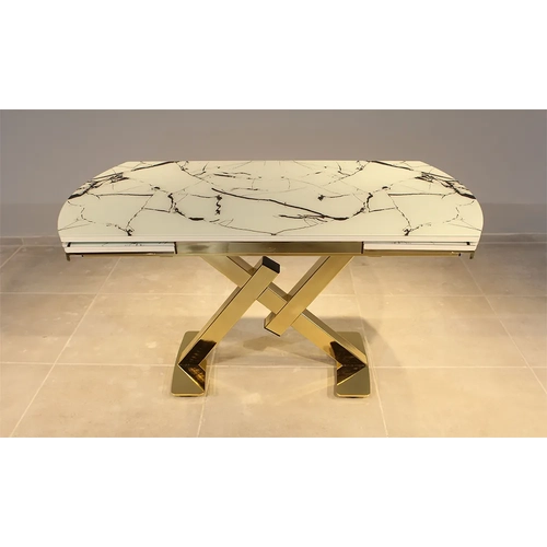 Beyaz Mermer Desenli Cam �stl� Gold Ayakl� Mutfak Masas�