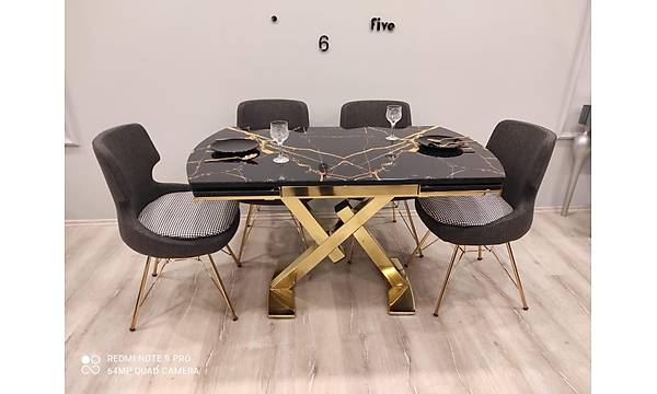 Açılır Yemek Masası - Sela Gold Mermer Desen  Mutfak Masa Sandalye Takımı