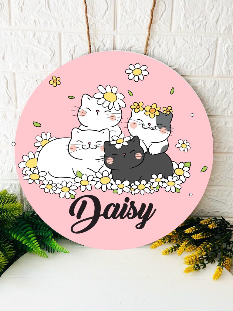 38 cm Ahşap Kapı Süsü- Papatya ve Kediler