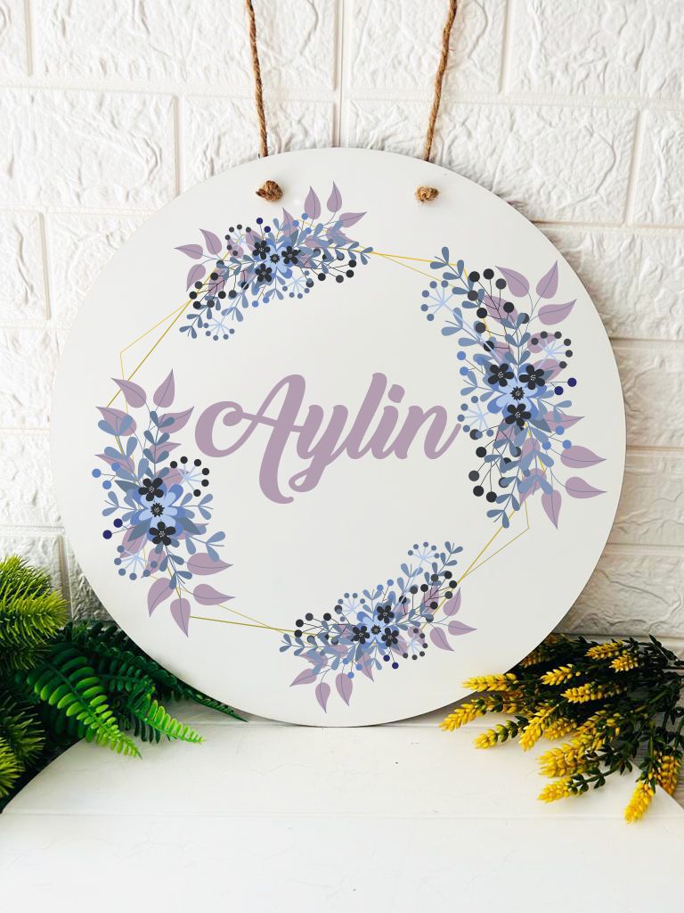 38 cm Ahşap Kapı Süsü-Lila ve Mavi Çiçek Temalı