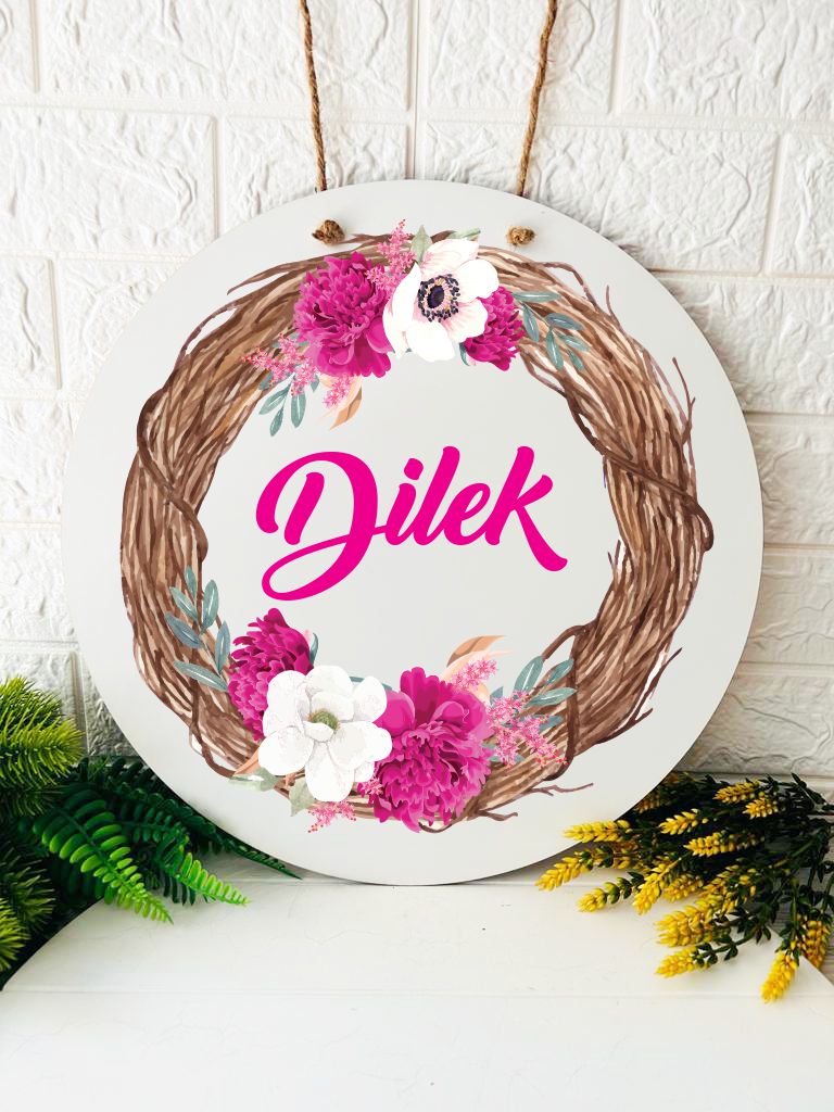 38 cm Ahşap Kapı Süsü- Fuşya Çiçek Temalı