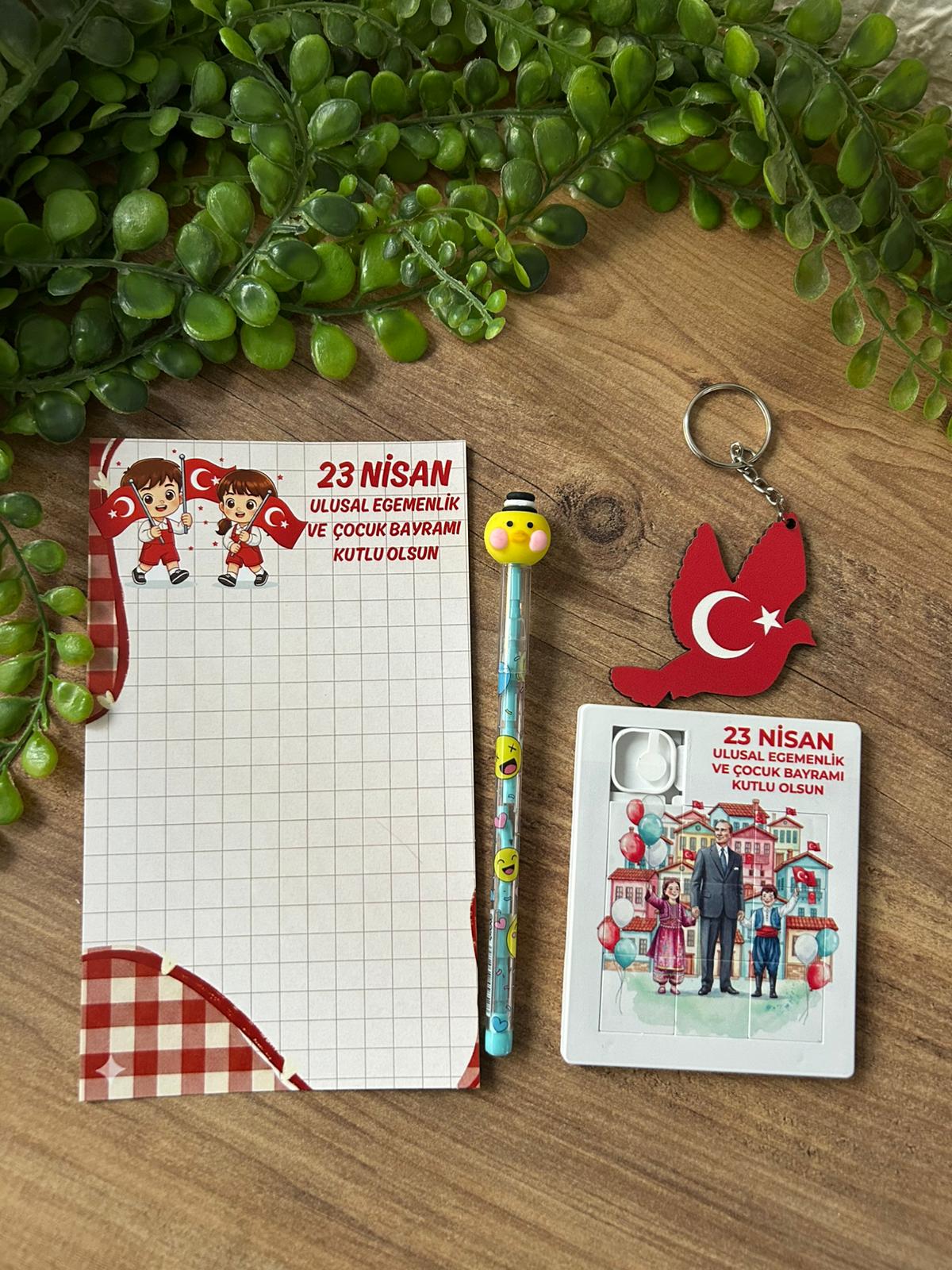 23 NİSAN AHŞAP ANAHTARLIK +KALEM+PUZZLE