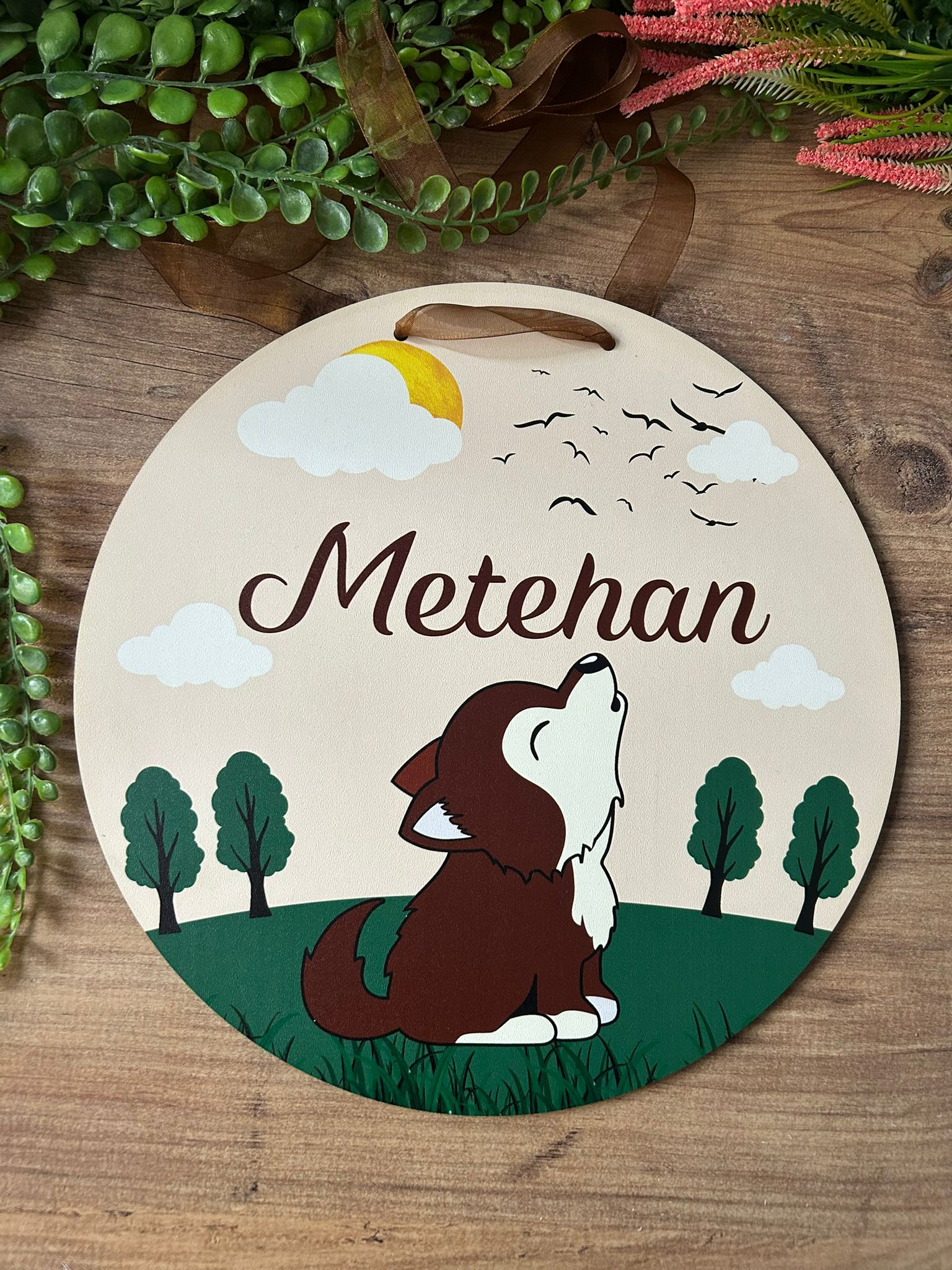 Yavru Kurt Temalı 38 cm Ahşap Kapı Süsü