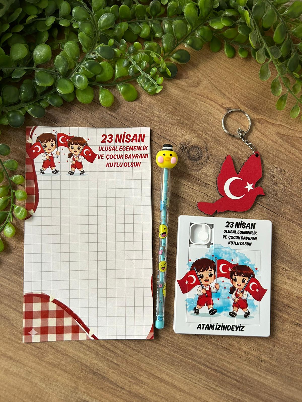 23 NİSAN AHŞAP ANAHTARLIK +KALEM+PUZZLE