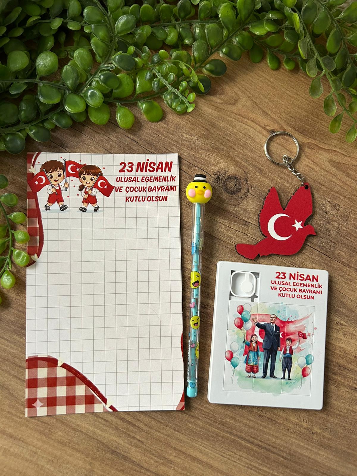 23 NİSAN AHŞAP ANAHTARLIK +KALEM+PUZZLE