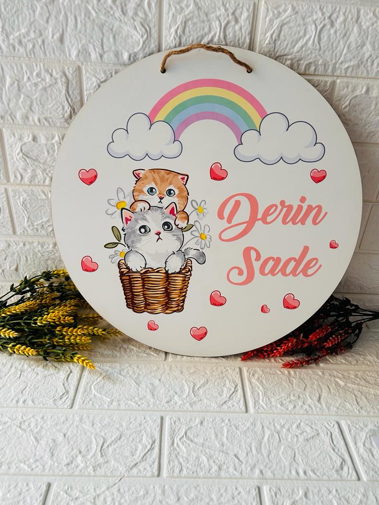 38 cm Ahşap Kapı Süsü-Kedi ve Gökkuşağı