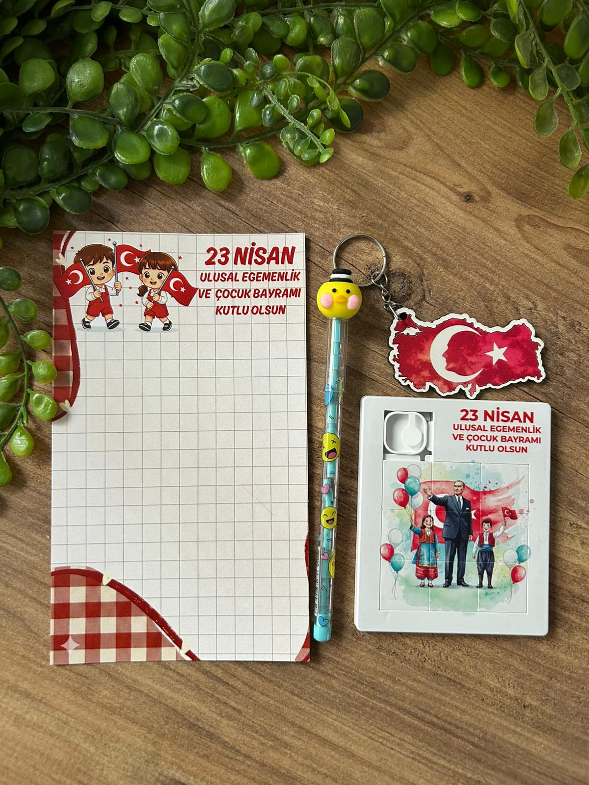 23 NİSAN AHŞAP ANAHTARLIK +KALEM+PUZZLE