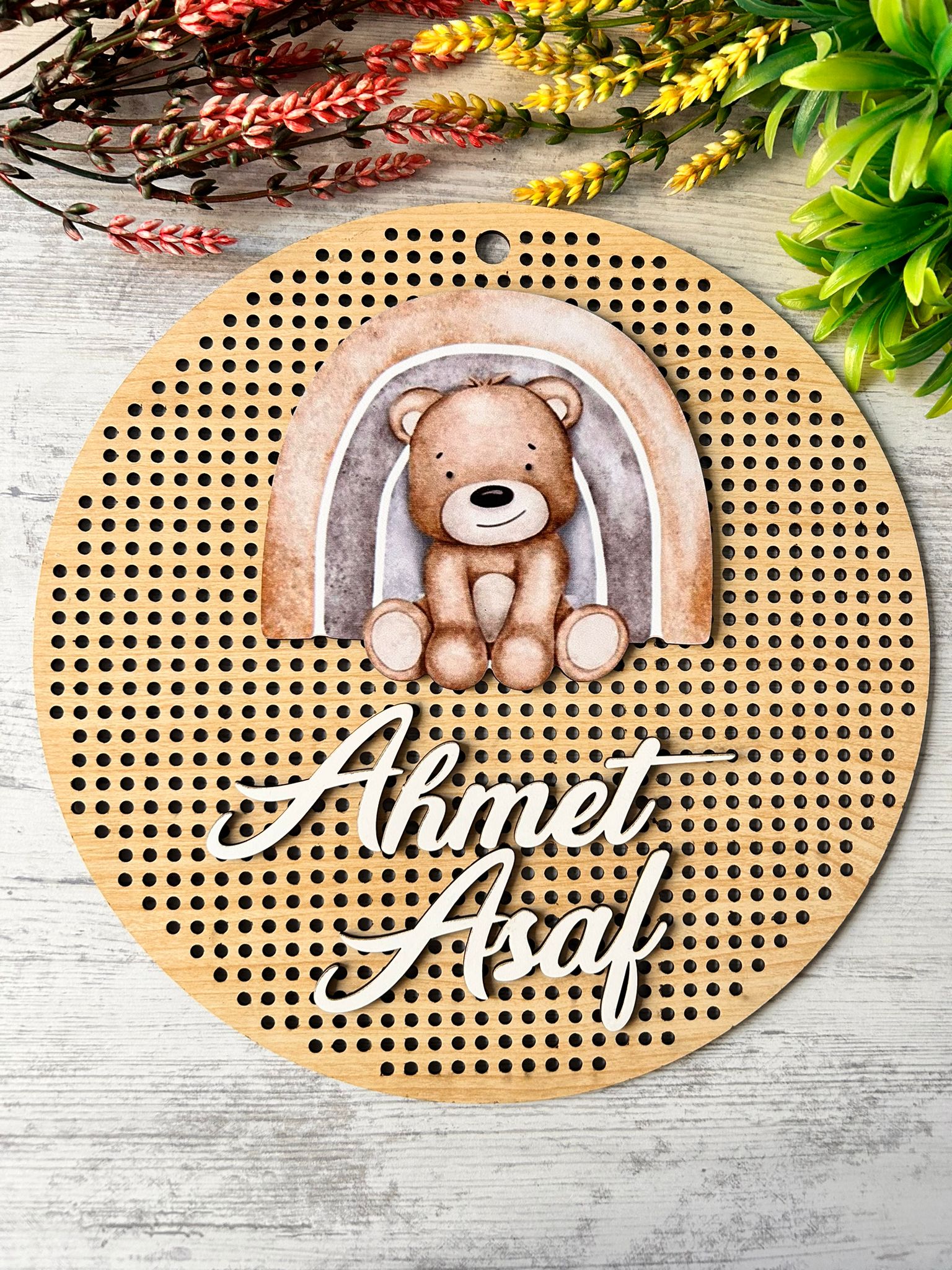 30 cm  Delikli Ahşap Kapı Süsü-Kabartma Desen-Ayıcık