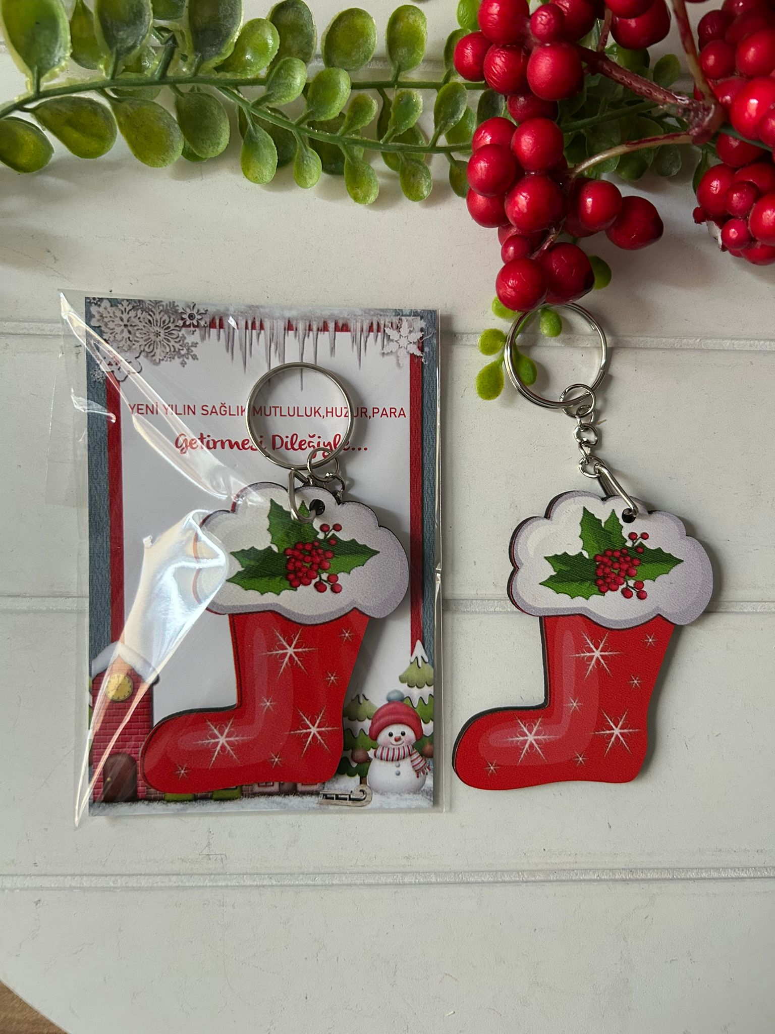 Noel -Yeni Yıl-Şekilli Ahşap Anahtarlık