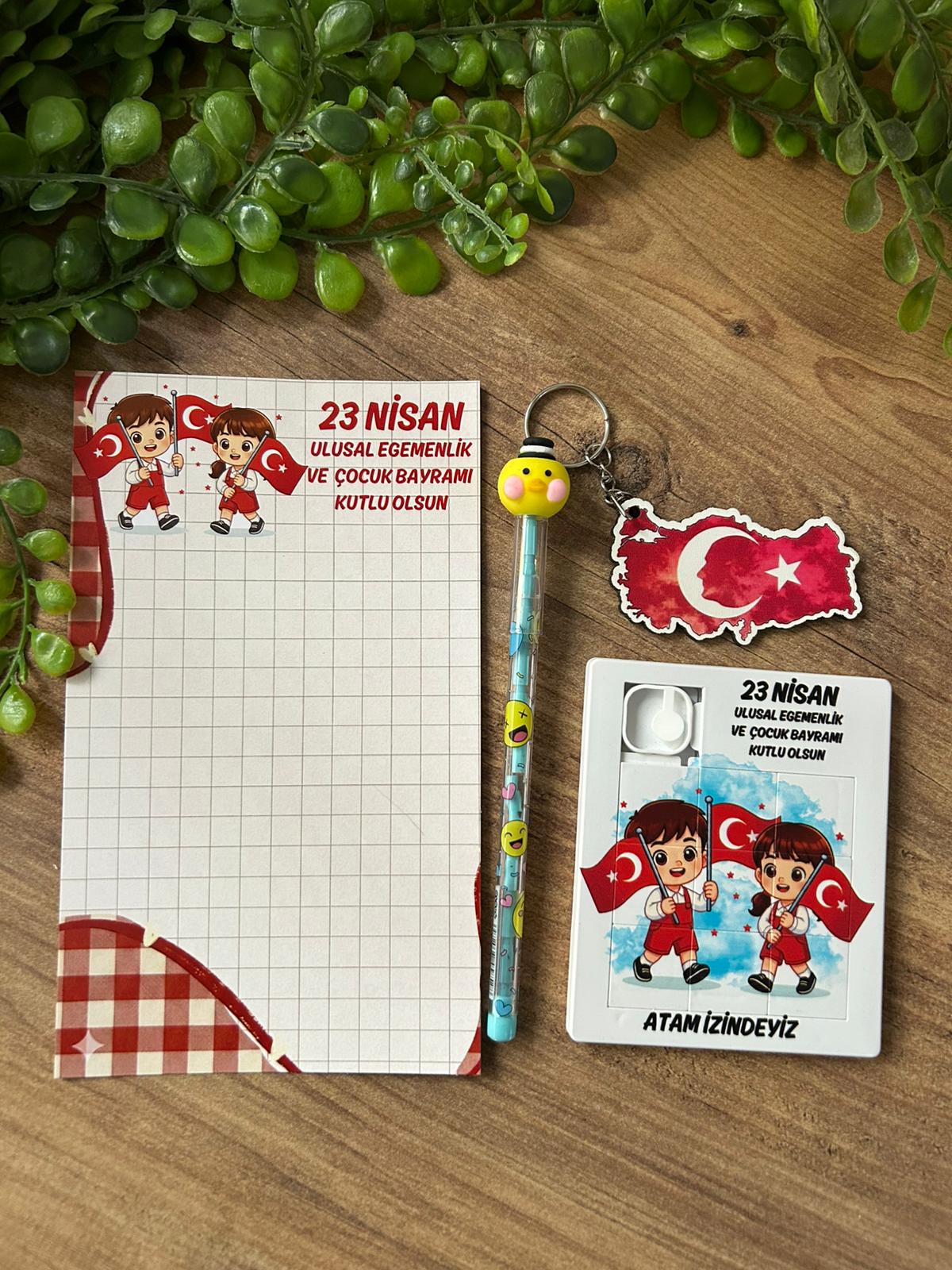 23 NİSAN AHŞAP ANAHTARLIK +KALEM+PUZZLE