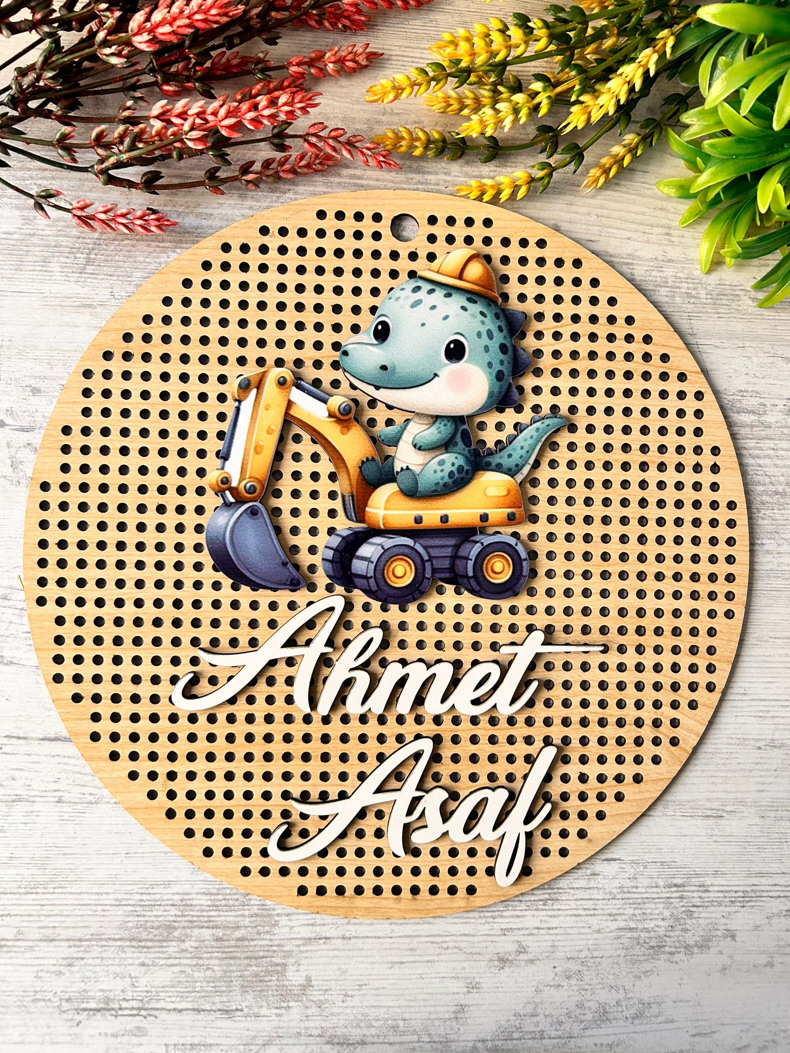 30 cm  Delikli Ahşap Kapı Süsü-Kabartma Desen-Dinazor