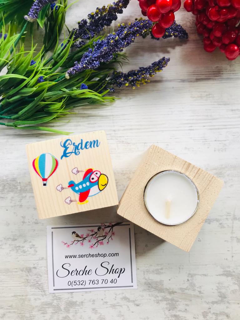 Ayıcık -Uçan Balon ve Uçak Temalı Ahşap Mumluk