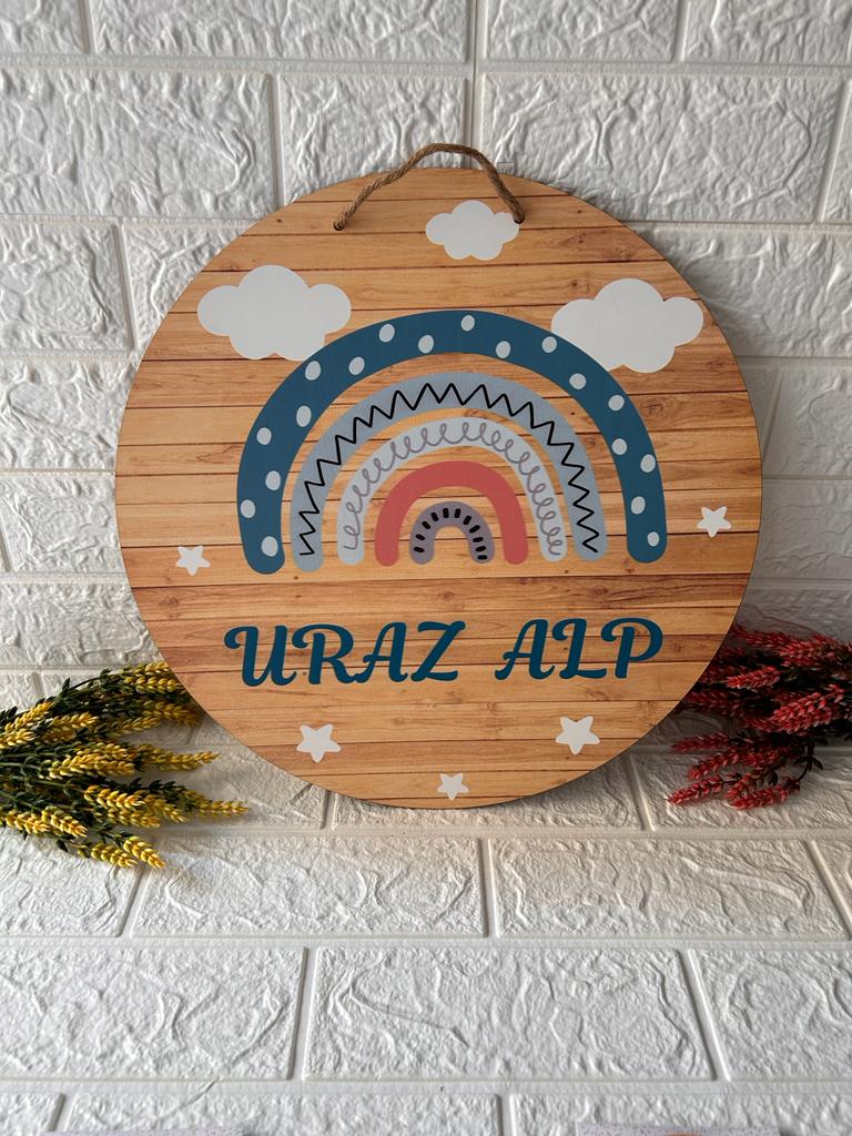38 cm Ahşap Kapı Süsü- Mavi Gökkuşağı Temalı