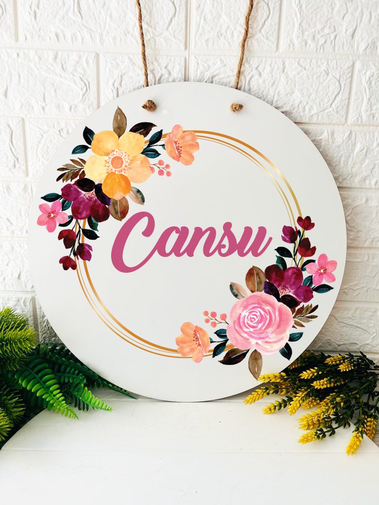 38 cm Ahşap Kapı Süsü-Mürdüm Çiçek  Temalı