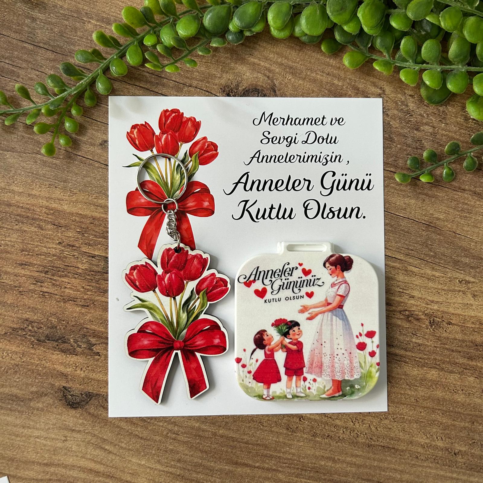 Anneye Özel Anne Yazılı Ayna +Anahtarlık Set