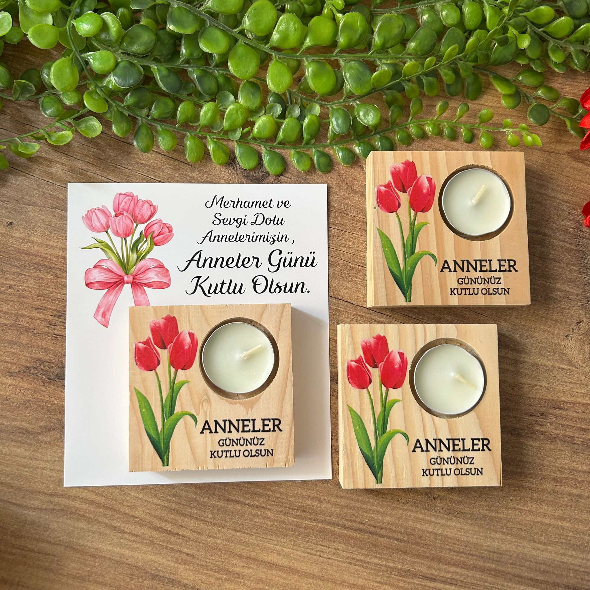 Anneye Özel  Hediye- Anneler Günü  Ahşap Kare Mumluk