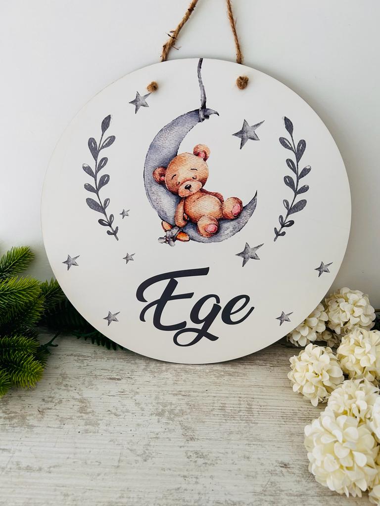 Ayıcık Temalı  38 cm Ahşap Duvar Dekoru-Kapı Süsü