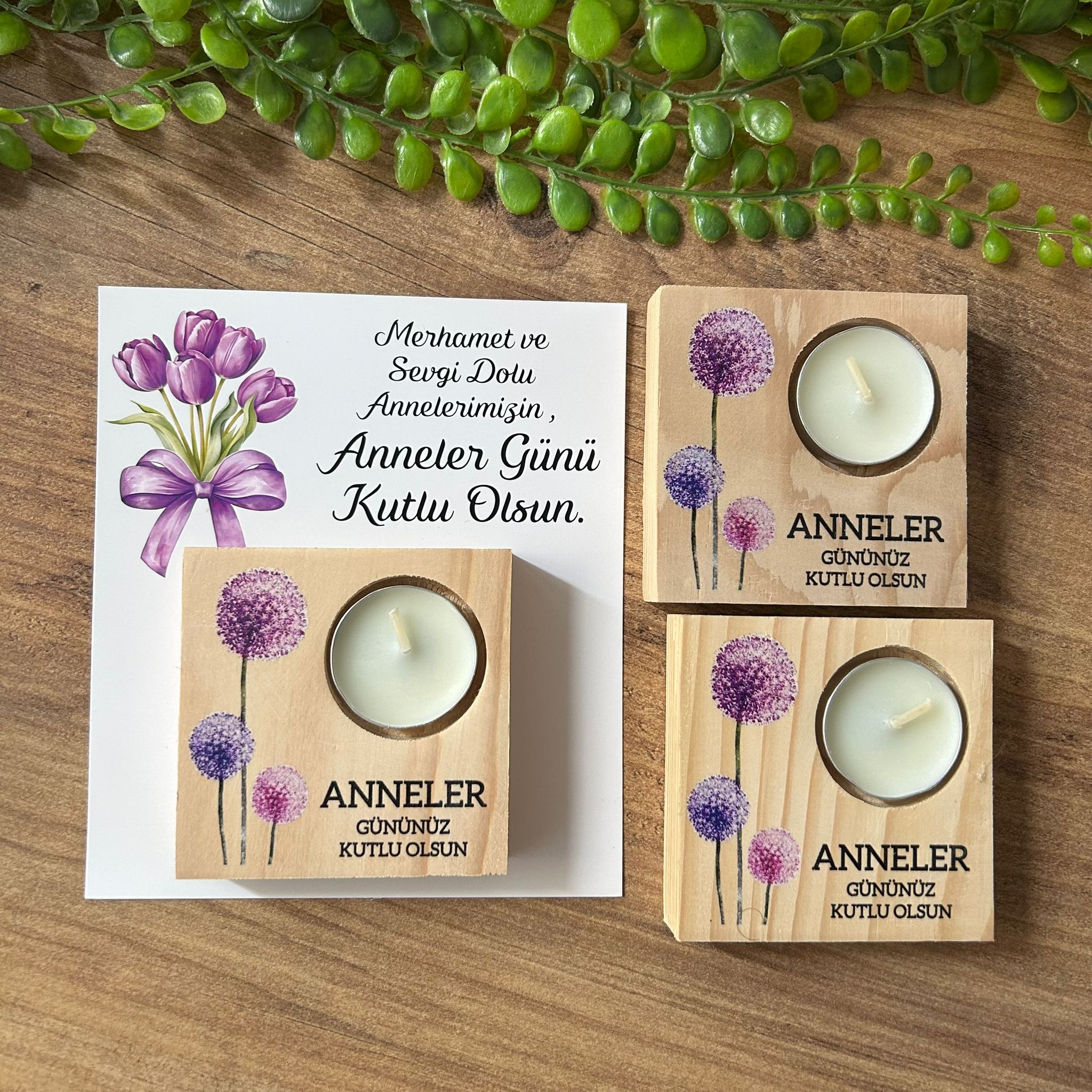 Anneye Özel  Hediye- Anneler Günü  Ahşap Kare Mumluk
