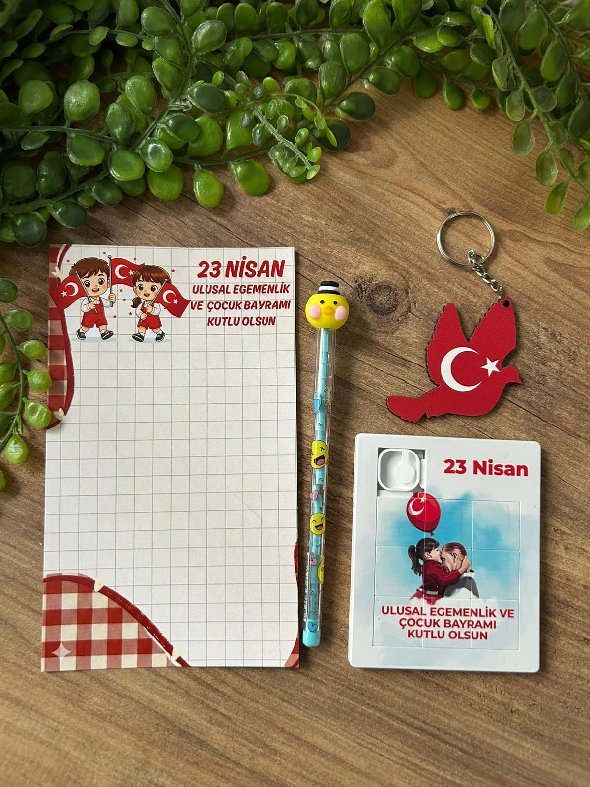 23 NİSAN AHŞAP ANAHTARLIK +KALEM+PUZZLE