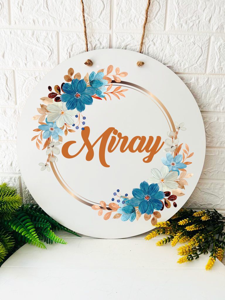 38 cm Ahşap Kapı Süsü-Mavi Kahve Çiçek  Temalı