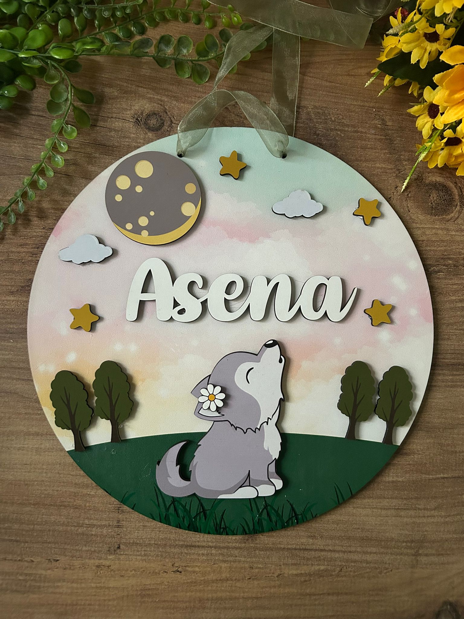 Yavru Kurt Temalı 30 cm Ahşap Kapı Süsü