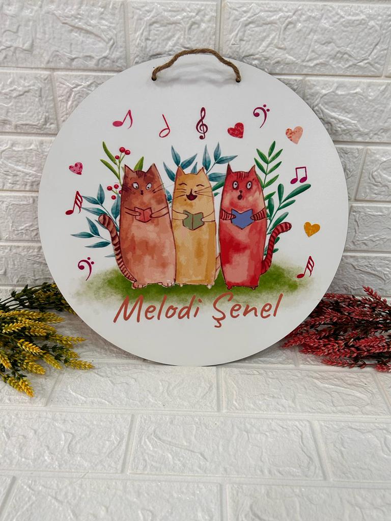38 cm Ahşap Kapı Süsü-Kediler Temalı