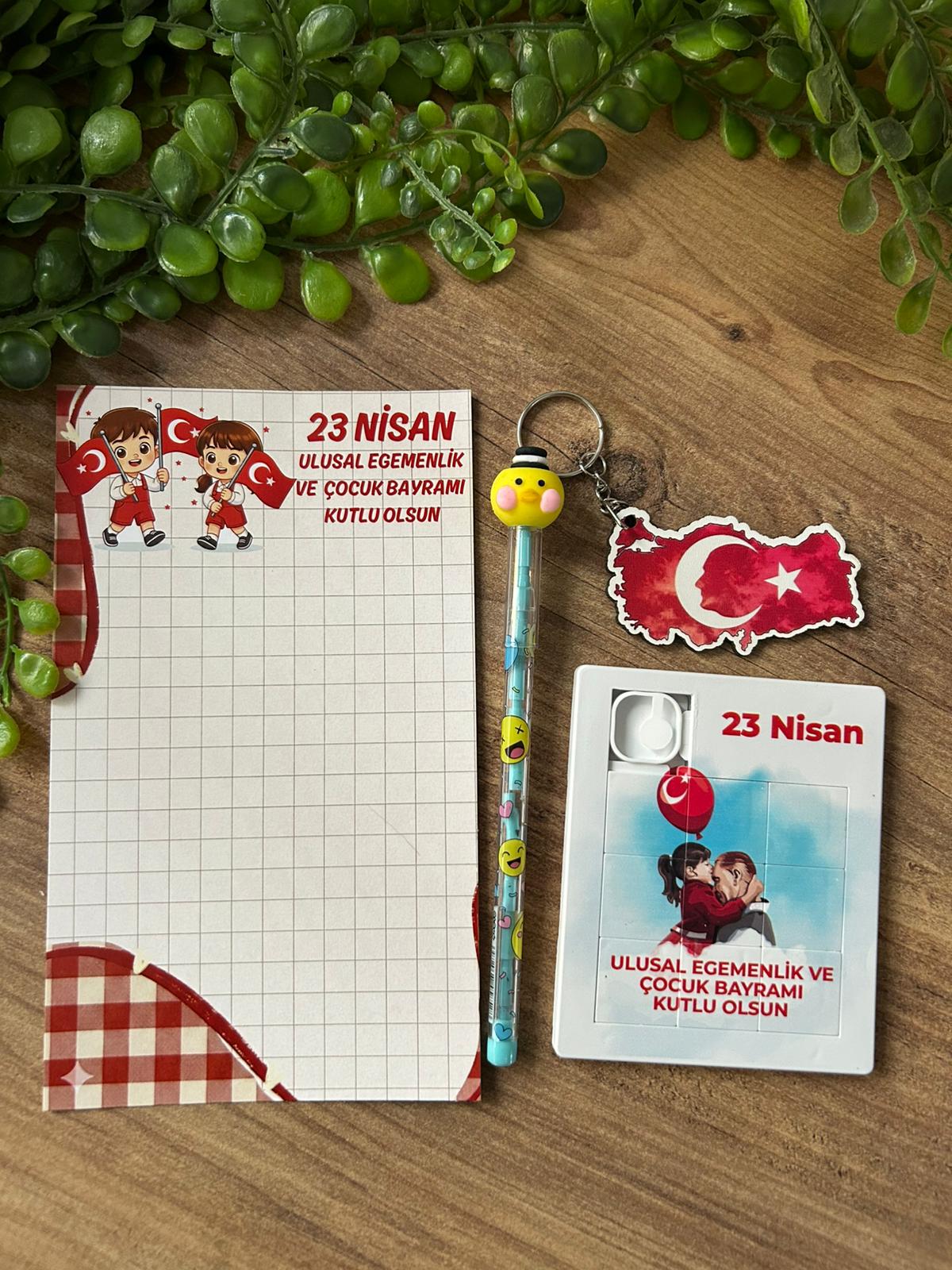 23 NİSAN AHŞAP ANAHTARLIK +KALEM+PUZZLE