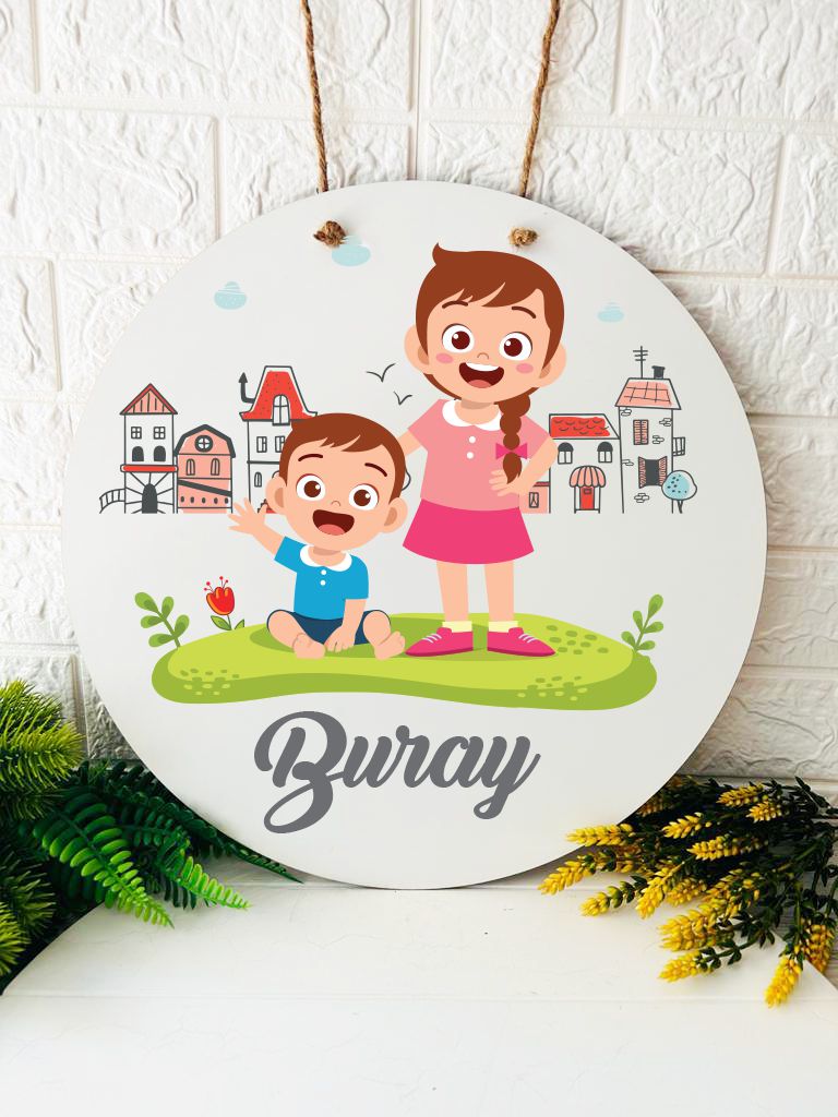 38 cm Ahşap Kapı Süsü- Abla Erkek Kardeş