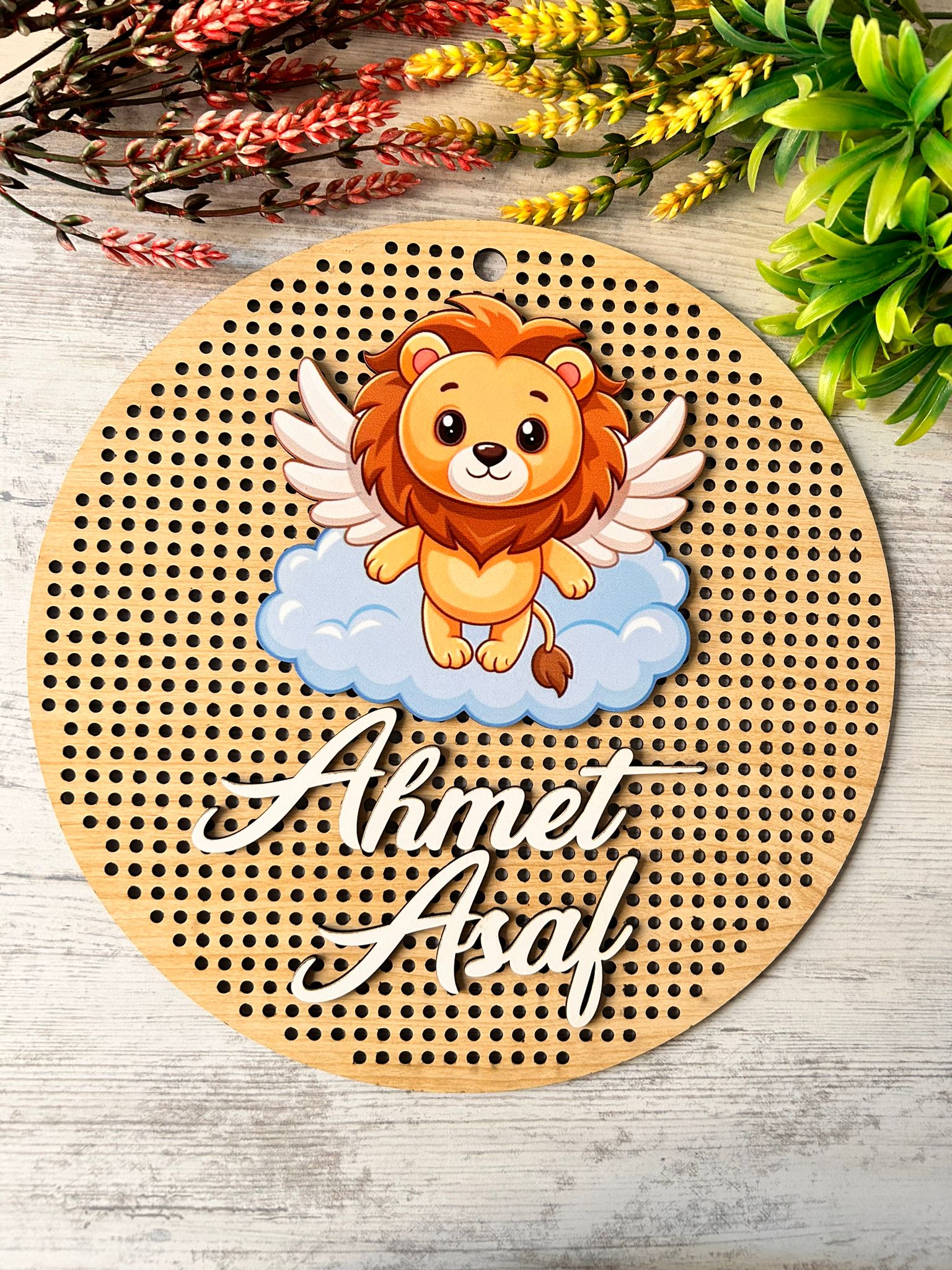30 cm  Delikli Ahşap Kapı Süsü-Kabartma Desen-Aslan