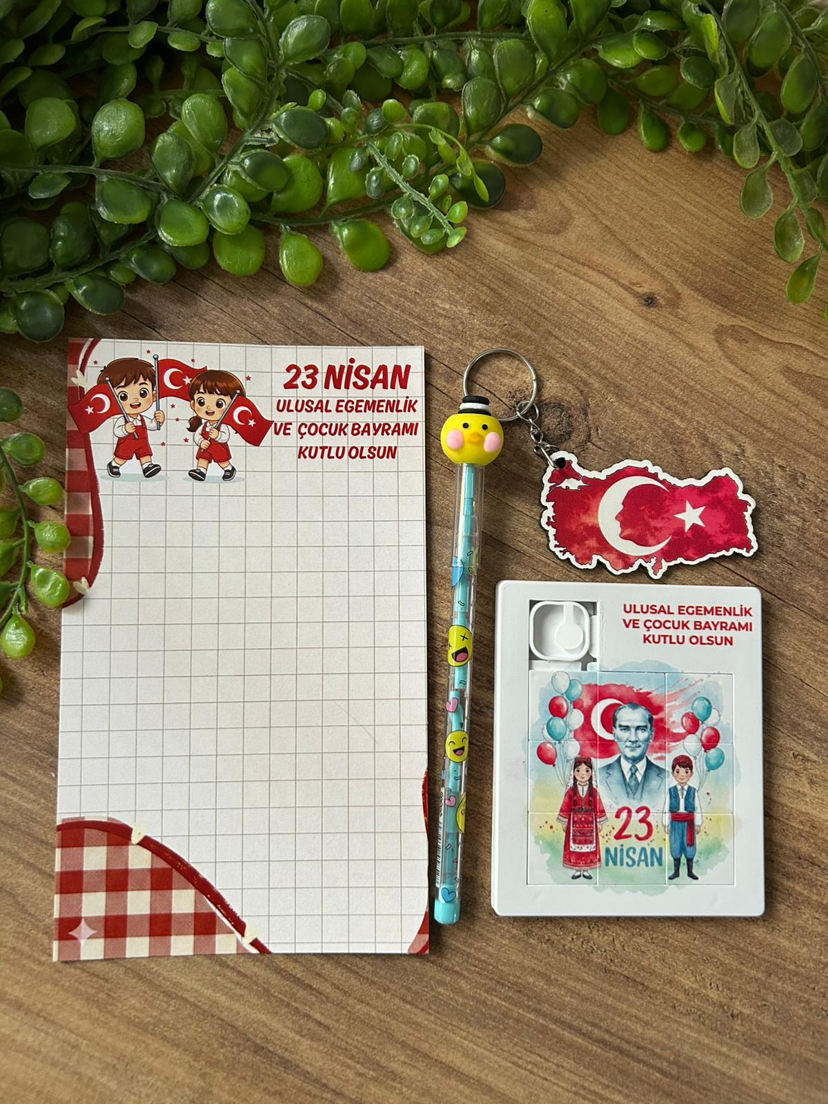 23 NİSAN AHŞAP ANAHTARLIK +KALEM+PUZZLE