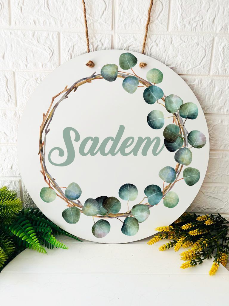 38 cm Ahşap Kapı Süsü-Yeşil Çiçek  Temalı