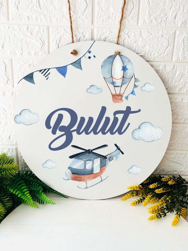 38 cm Ahşap Kapı Süsü-Uçan Balon ve Helikopter Temalı