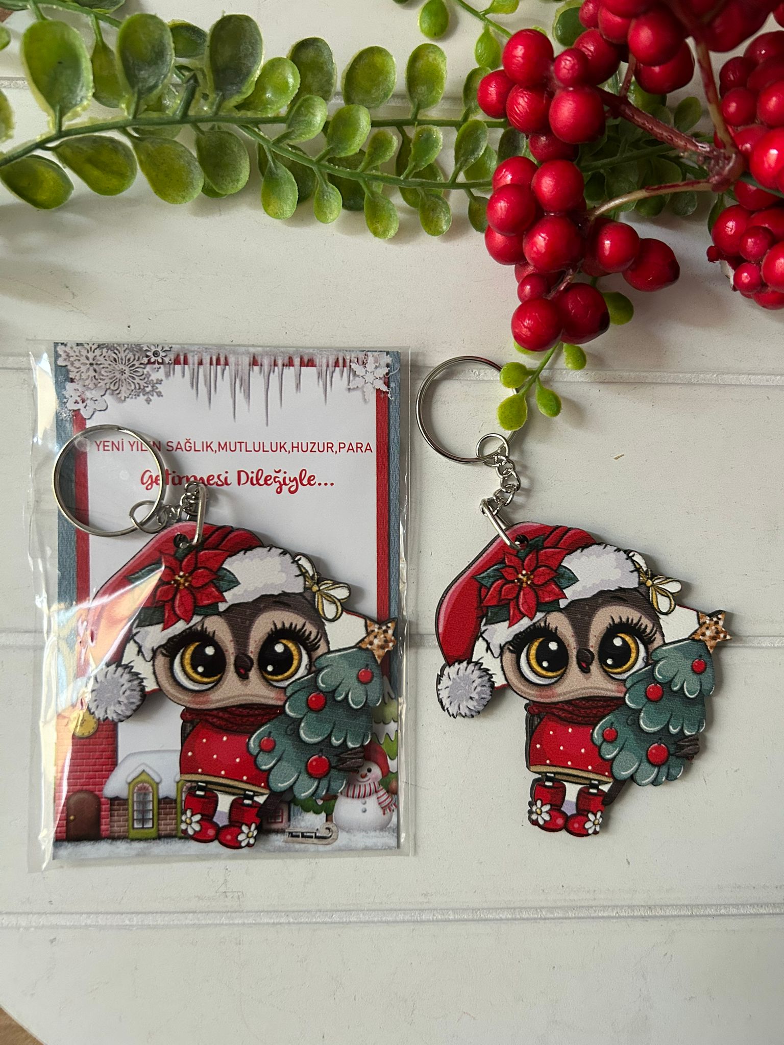Noel -Yeni Yıl-Şekilli Ahşap Anahtarlık