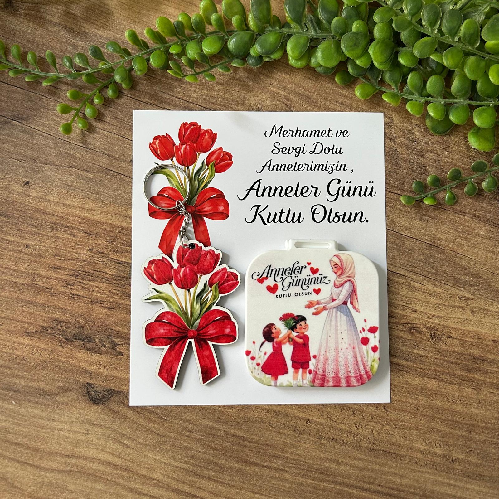 Anneye Özel Anne Yazılı Ayna +Anahtarlık Set