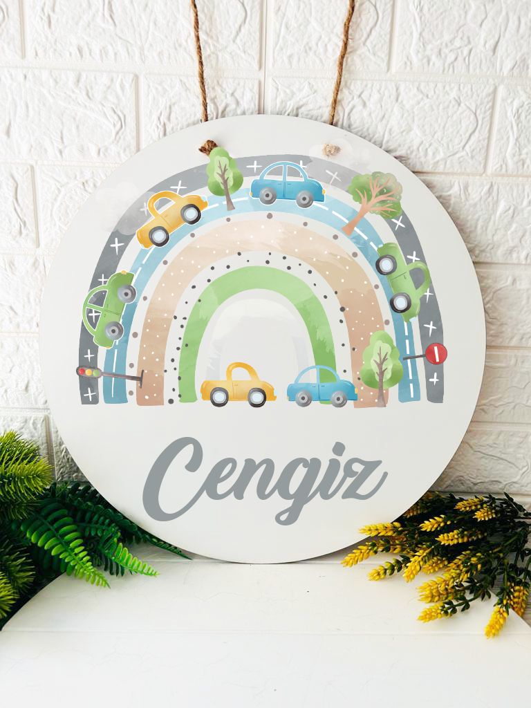 38 cm Ahşap Kapı Süsü-Bohem Gökkuşağı ve ArabaTemalı