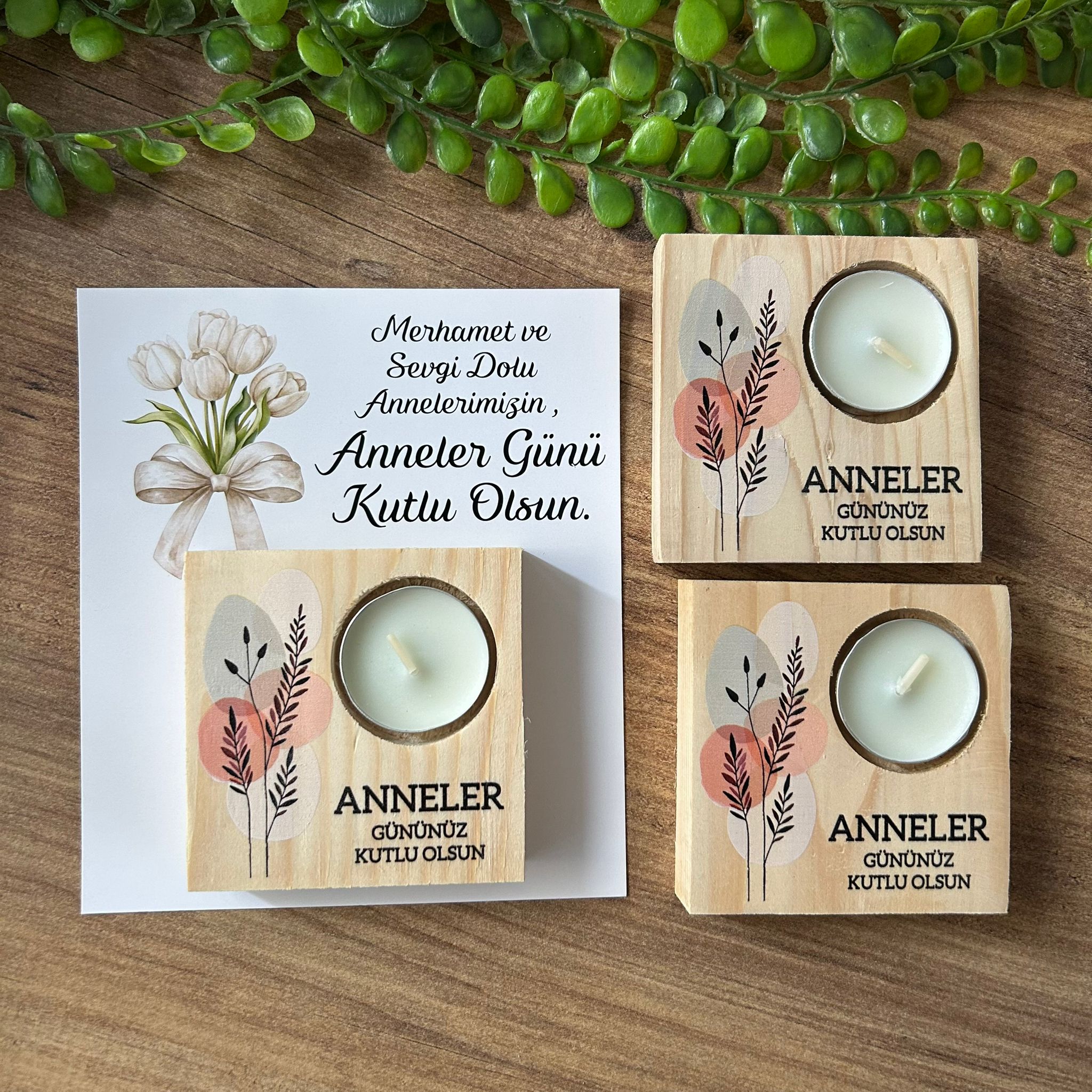 Anneye Özel  Hediye- Anneler Günü  Ahşap Kare Mumluk