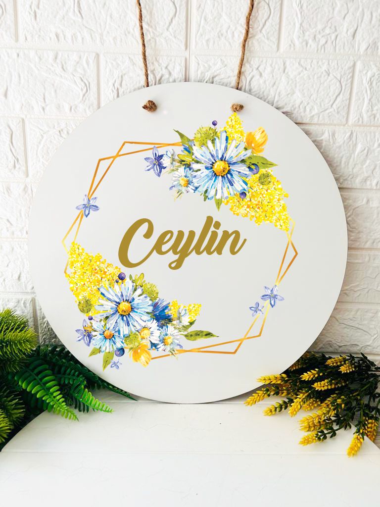 38 cm Ahşap Kapı Süsü-Sarı Çiçek  Temalı