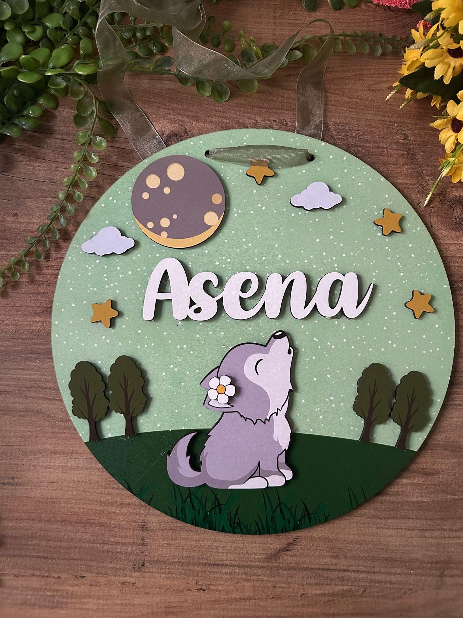Yavru Kurt Temalı 30 cm Ahşap Kapı Süsü
