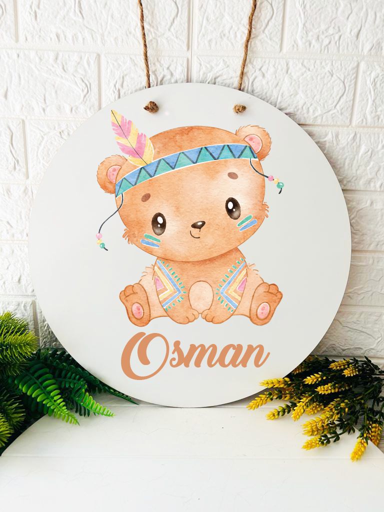 38 cm Ahşap Kapı Süsü-Kızılderili Ayıcık