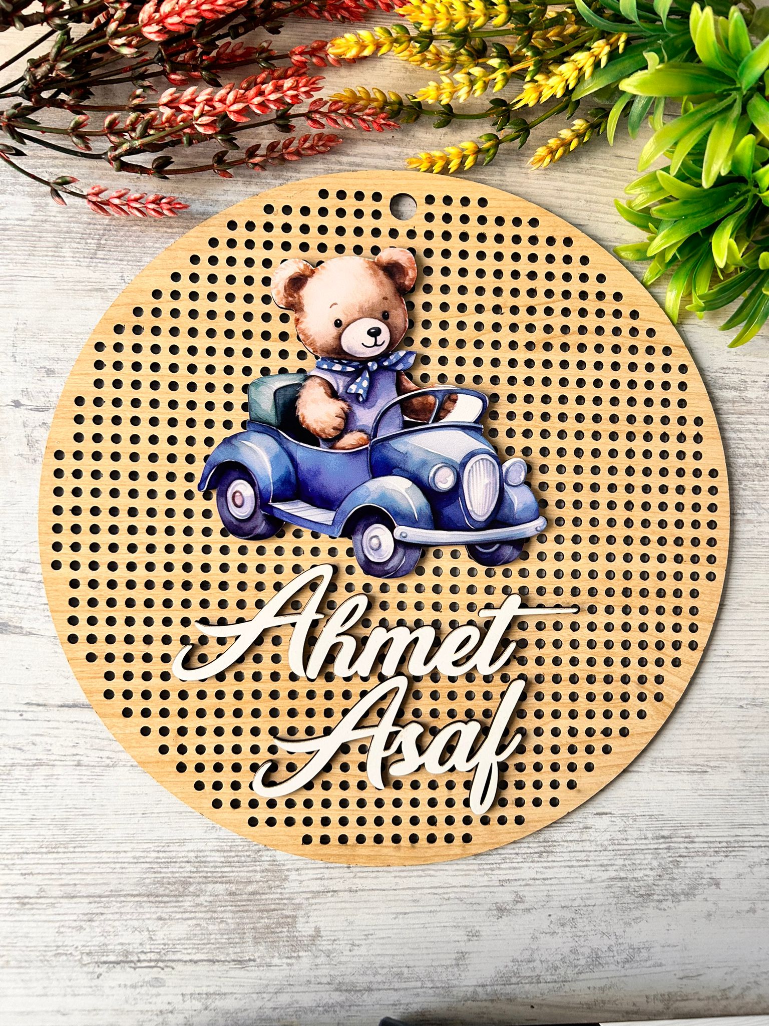 30 cm  Delikli Ahşap Kapı Süsü-Kabartma Desen-Ayıcık