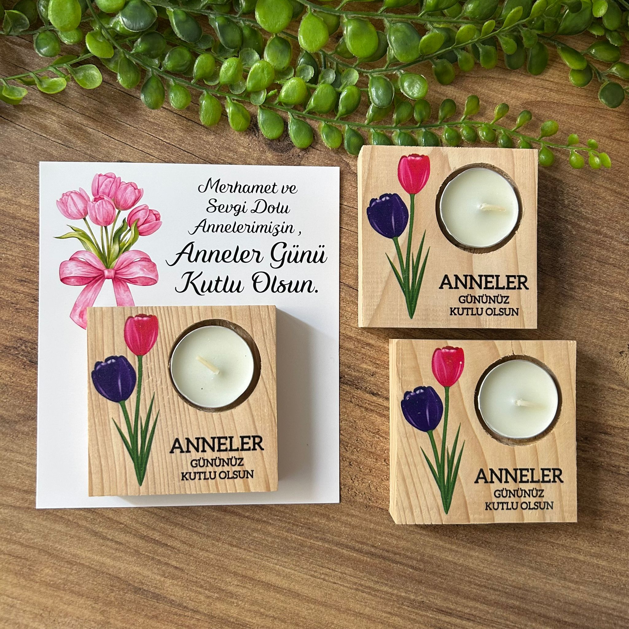 Anneye Özel  Hediye- Anneler Günü  Ahşap Kare Mumluk