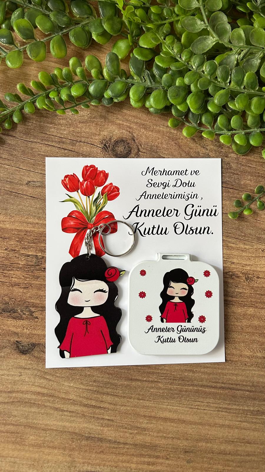Anneye Özel Anne Yazılı Ayna +Anahtarlık Set