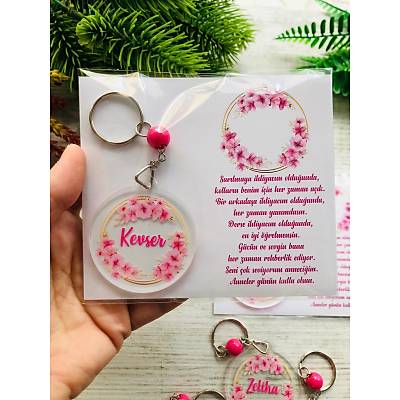 Pembe �i�ekli Temal� Pleksi Anahtarl�k