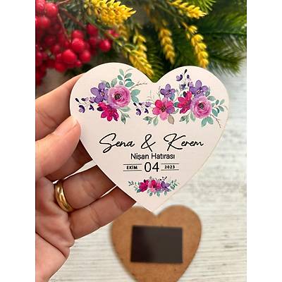 Ah�ap Kalp Magnet- Mor ve Pembe �i�ek Temal�