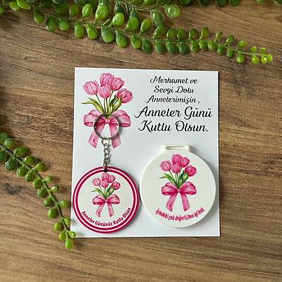 Anneye �zel Lale Desenli Anahtarl�k+Ayna Set