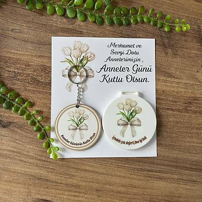 Anneye �zel Lale Desenli Anahtarl�k+Ayna Set
