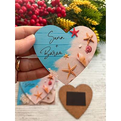 Ah�ap Kalp Magnet- Deniz  Y�ld�z� ve Kumsal Temal�